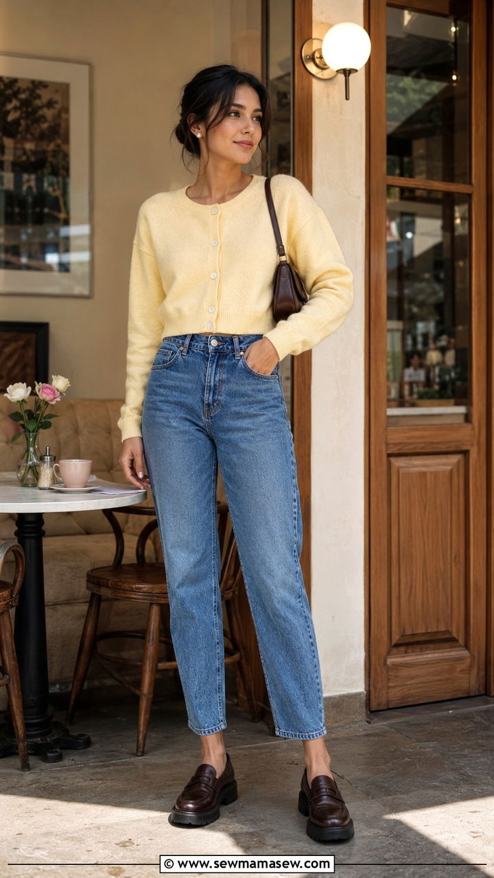 Cardigan with mom jeans and loafers - 30 How to style mom jeans
