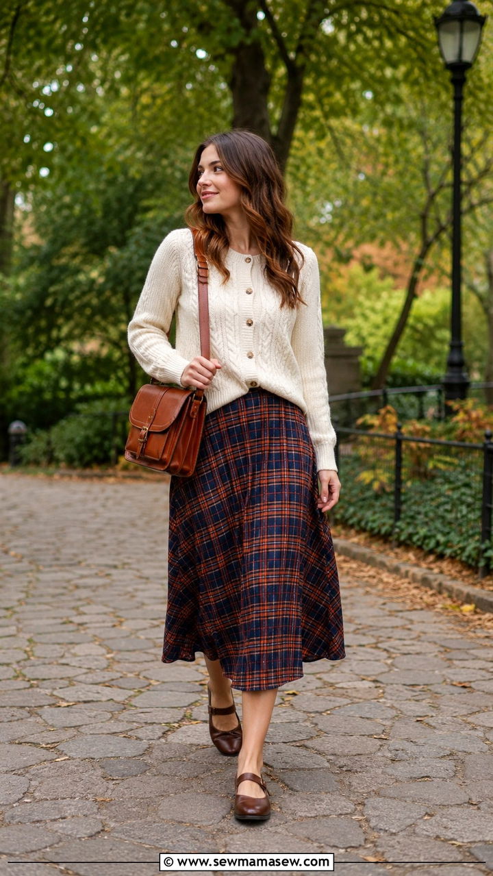 Cardigan with plaid midi skirt outfit - 20 casual librarian core outfits