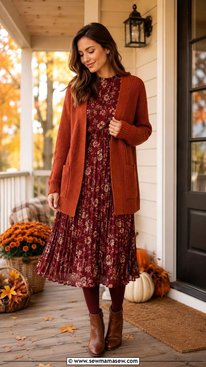Cardigan with pleated midi dress fall - 30 Modest outfit ideas with cardigan
