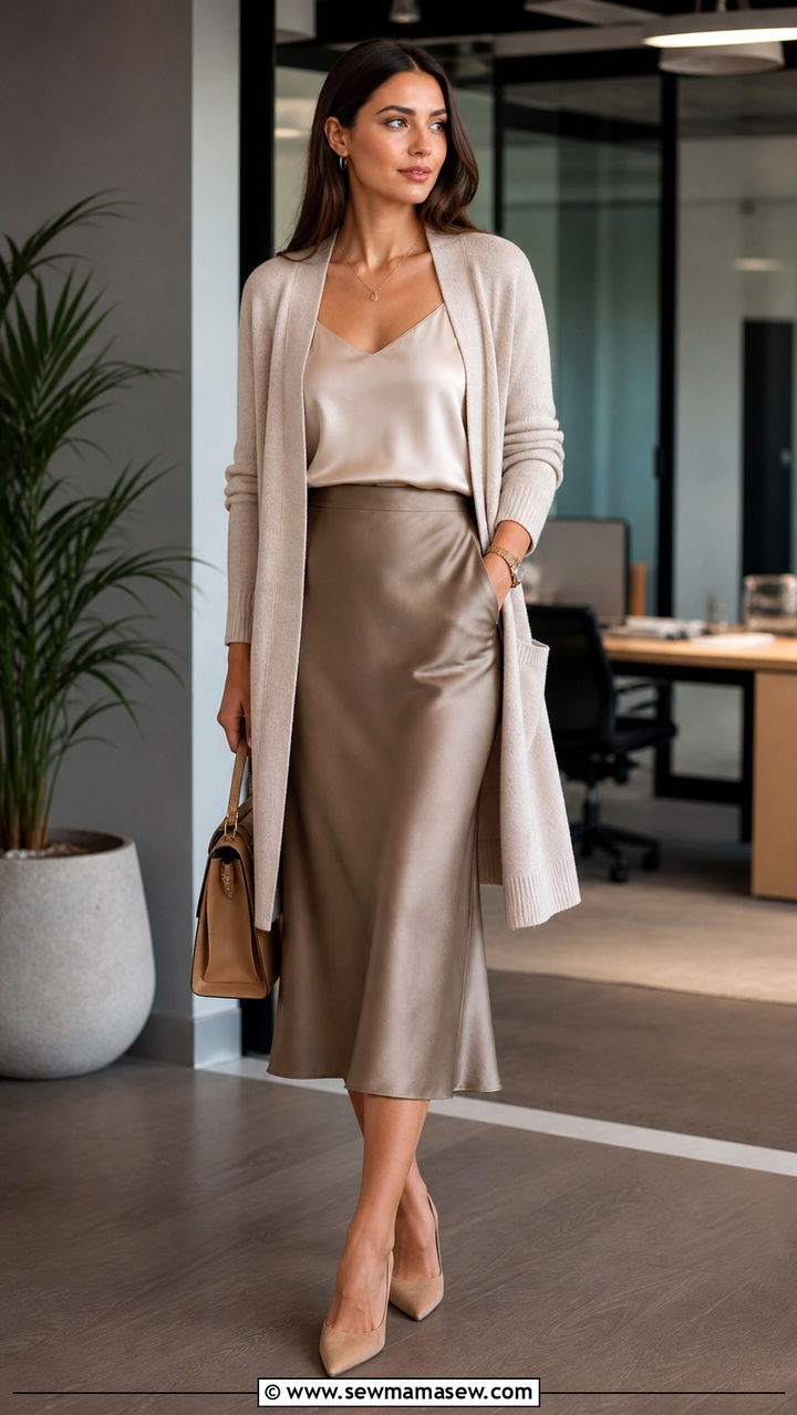 Cardigan with satin slip skirt and pointed heels - 40 casual office outfits