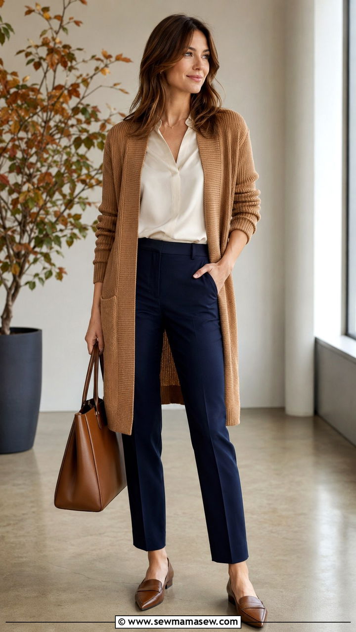 Cardigan with silk blouse and tailored trousers - 25 seasonal office outfit ideas