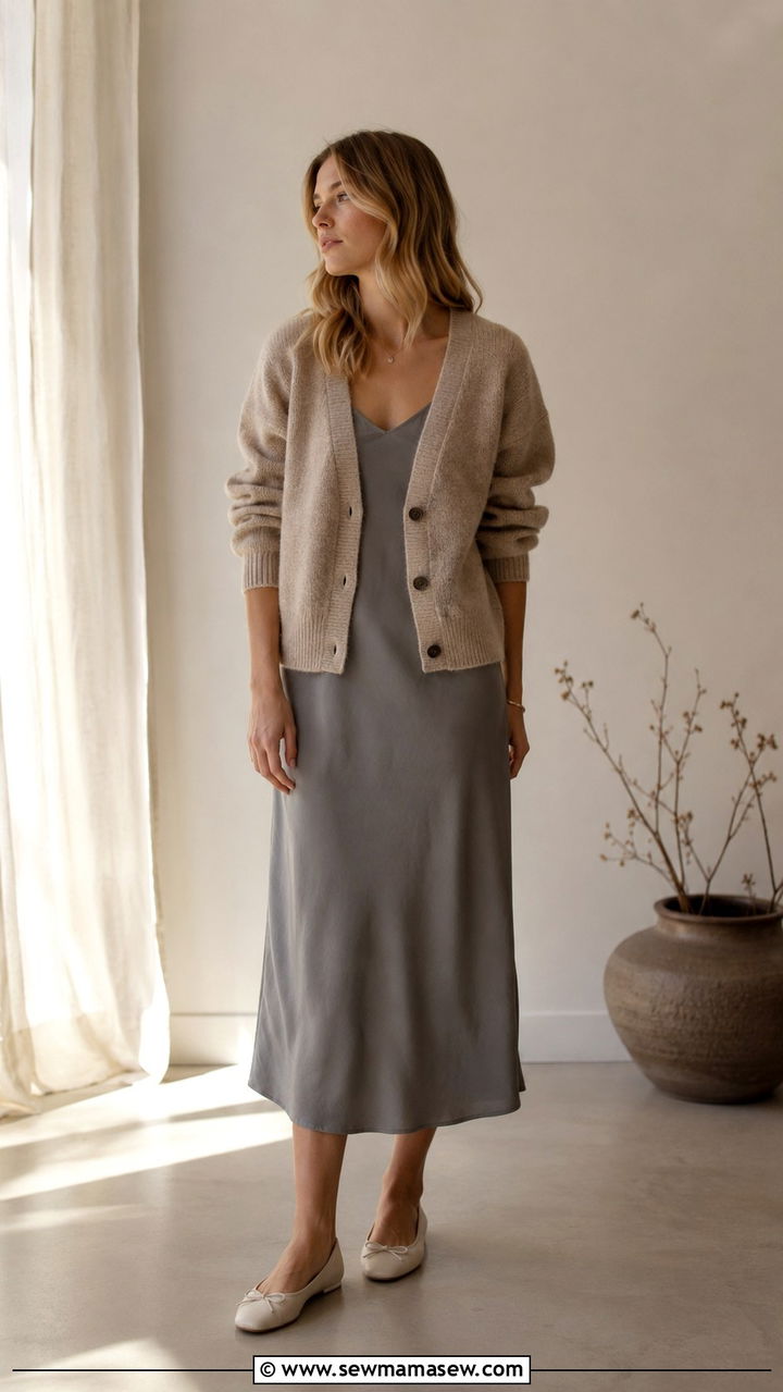 Cardigan with slip dress outfit - 30 scandinavian capsule wardrobe outfits