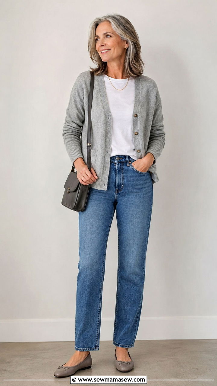 Cardigan with tee and straight jeans concert over 50 - 25 What to wear to a concert over 50