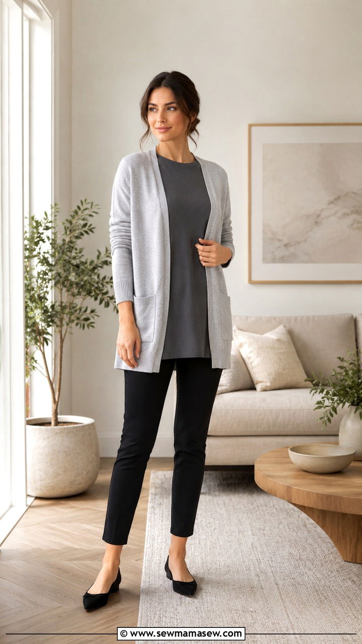 Cardigan with tunic top and slim pants - 30 Modest outfit ideas with cardigan