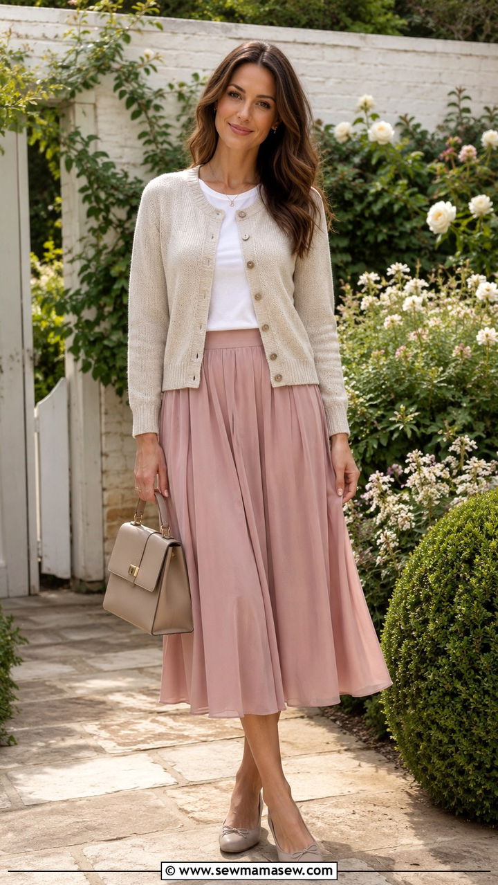 Cardigan with white tee and midi skirt - 30 Grandma chic outfit ideas