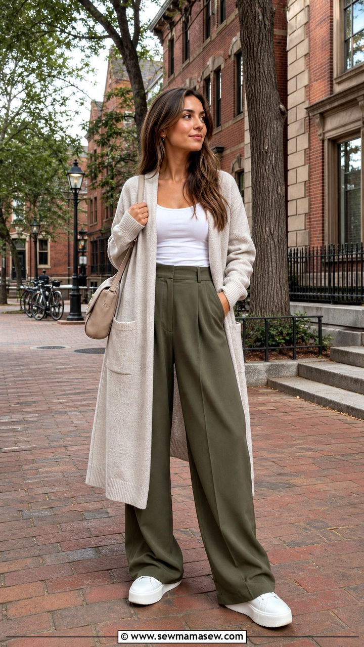 Cardigan with wide leg trousers and sneakers - 40 What to wear in Boston