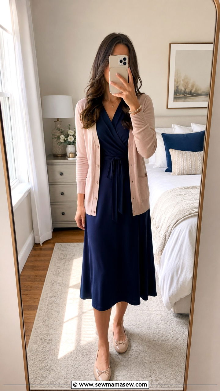 Cardigan with wrap dress and ballet flats - 30 Modest outfit ideas with cardigan
