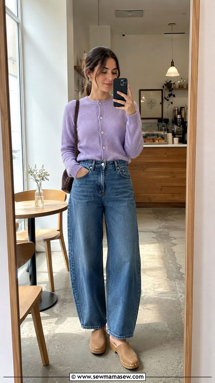Cardigan worn as a top with barrel jeans and clogs - 25 Barrel jeans outfit ideas with a sweater