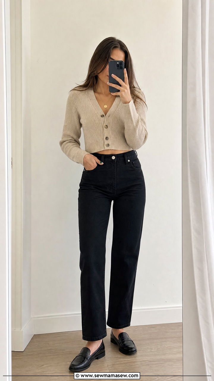 Cardigan worn as a top with black jeans and loafers outfit - 30 French girl outfits to copy