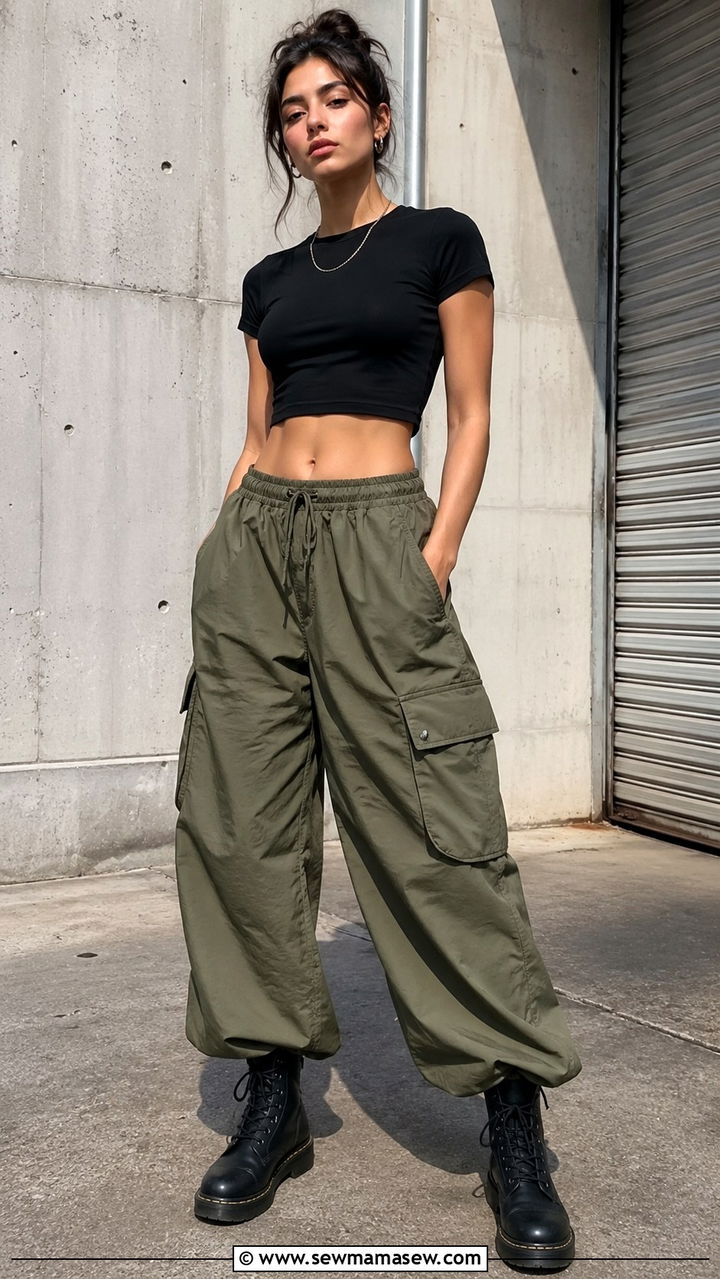 Cargo Balloon Pants With Fitted Tee and Combat Boots - 25 balloon pants outfits inspo