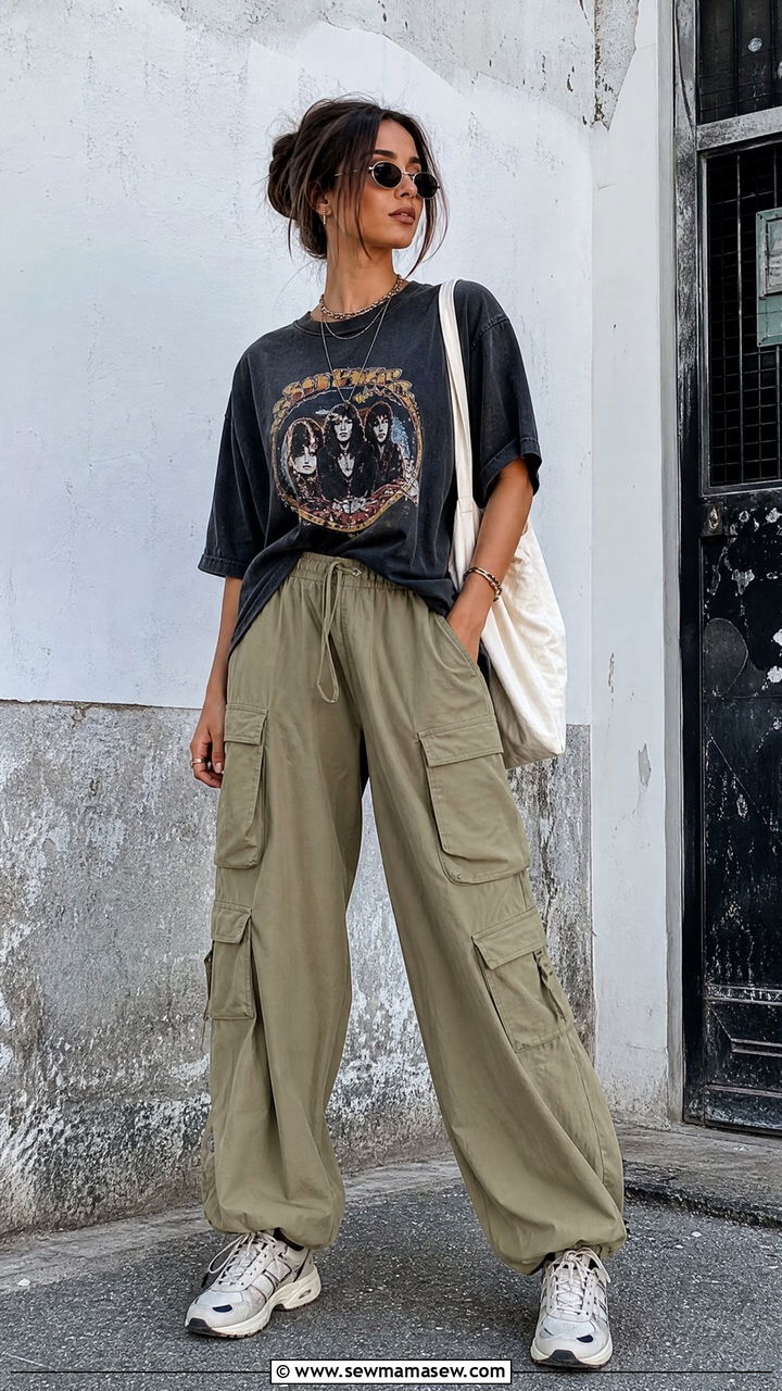 Cargo Balloon Pants With Graphic Tee And Chunky Sneakers - 30 cute balloon pants outfits
