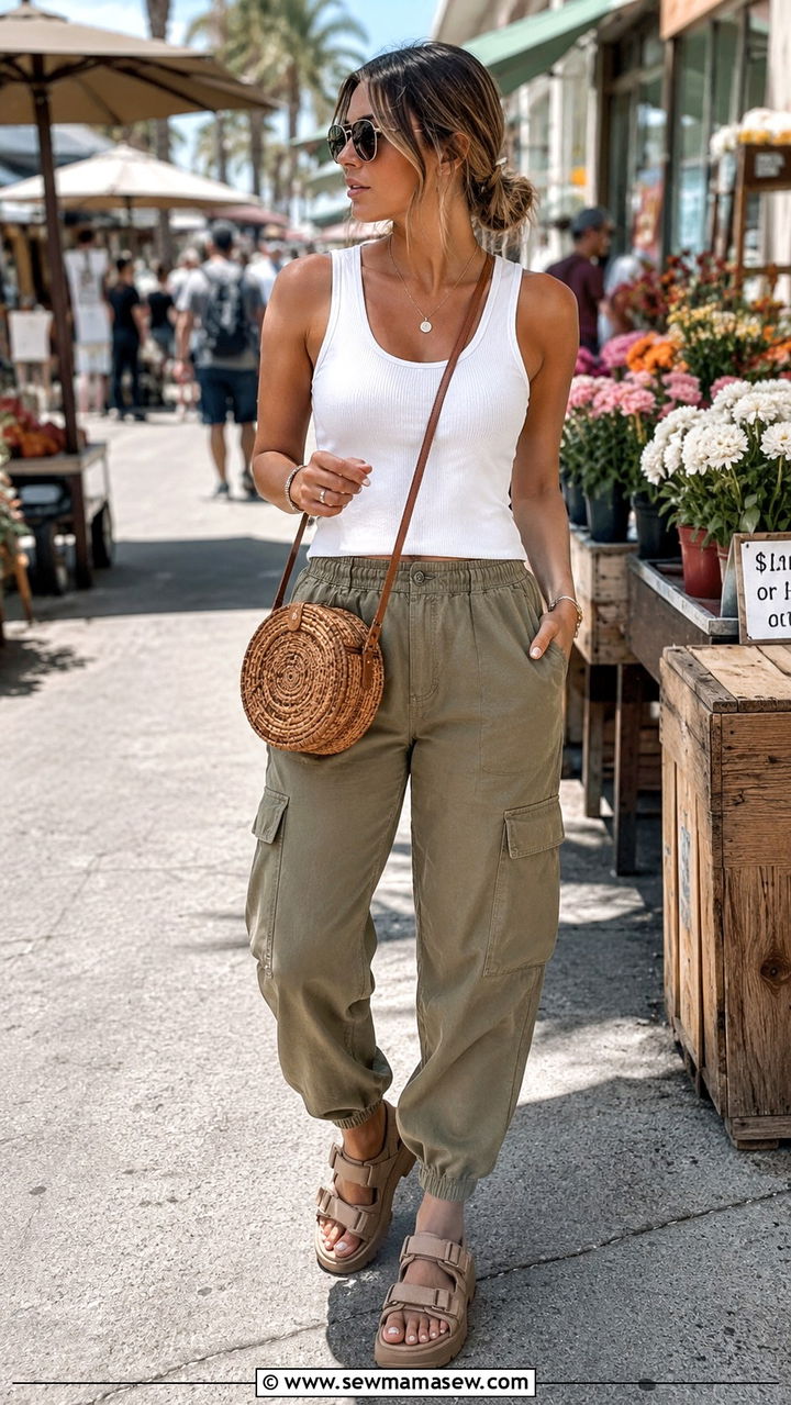 Cargo Joggers With a Tank Top and Chunky Sandals - 30 Spring outfits with joggers