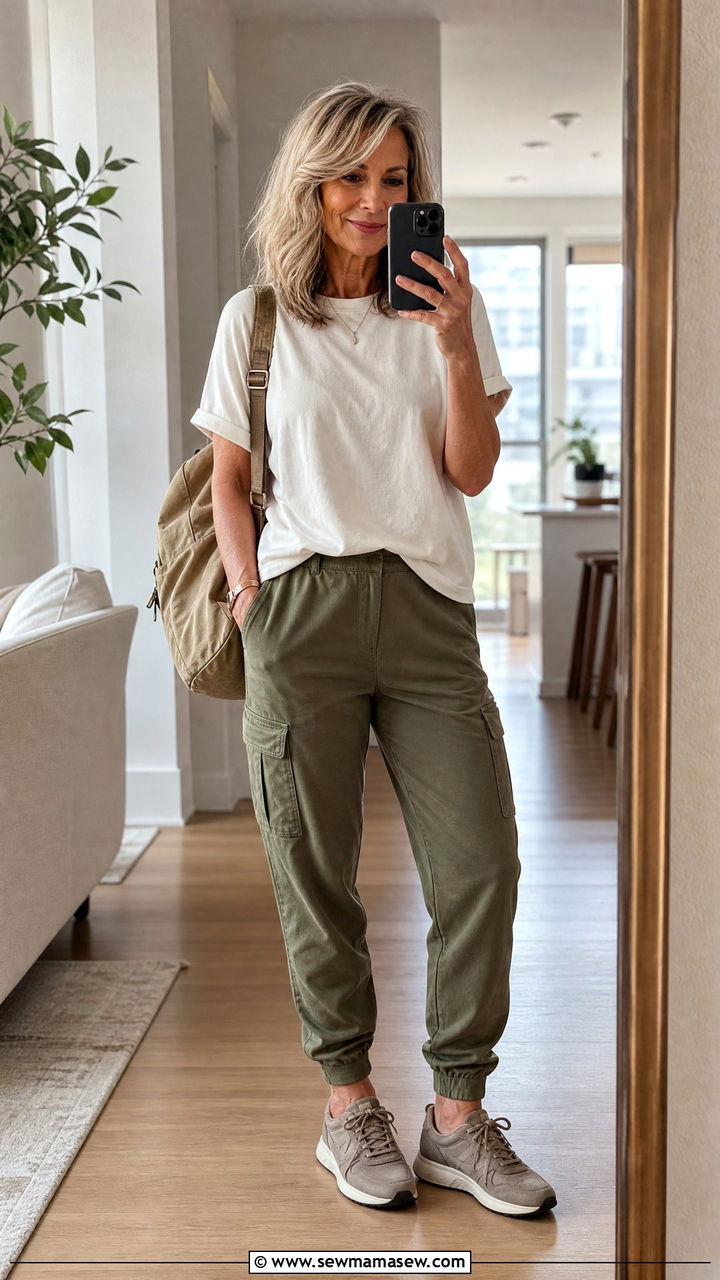 Cargo Joggers and Relaxed Tee Outfit Over 50 - 25 Gym outfit ideas for women over 50