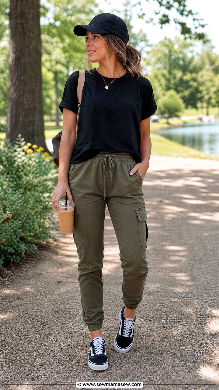 Cargo Joggers and Tucked In Tee - 30 Outfit ideas for stay at home moms