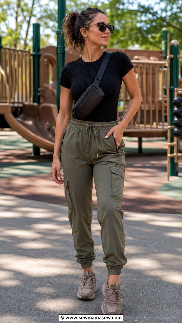 Cargo Joggers with Fitted Ribbed Tee and Chunky Sneakers - 25 Playground outfit ideas for moms