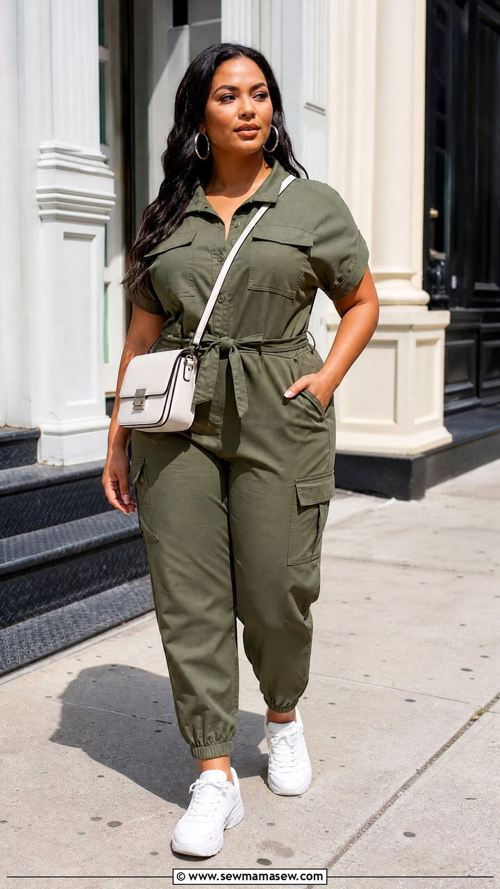 Cargo Jumpsuit with White Sneakers Outfit - 30 Summer outfits for curvy women