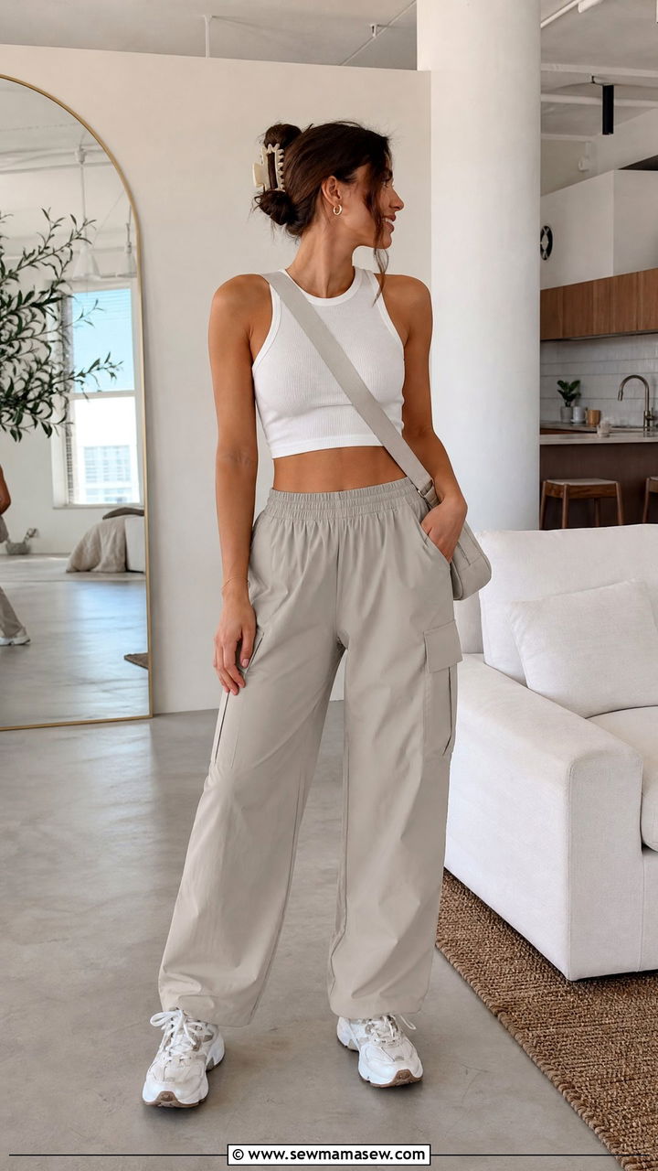 Cargo Lounge Pants with Crop Top Outfit - 30 Clean girl loungewear outfit ideas