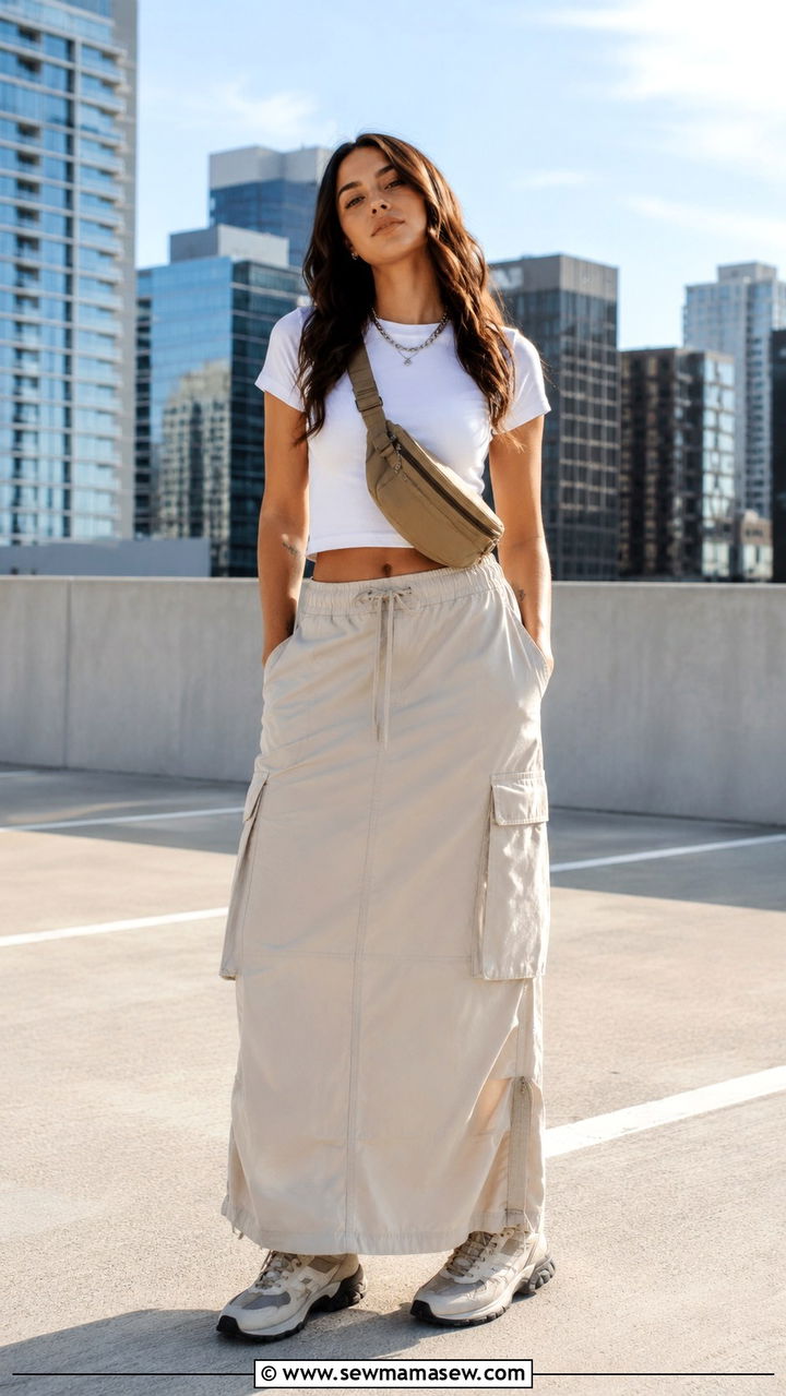 Cargo Maxi Skirt With Baby Tee and Trail Sneakers - 30 Maxi skirt outfit ideas with sneakers