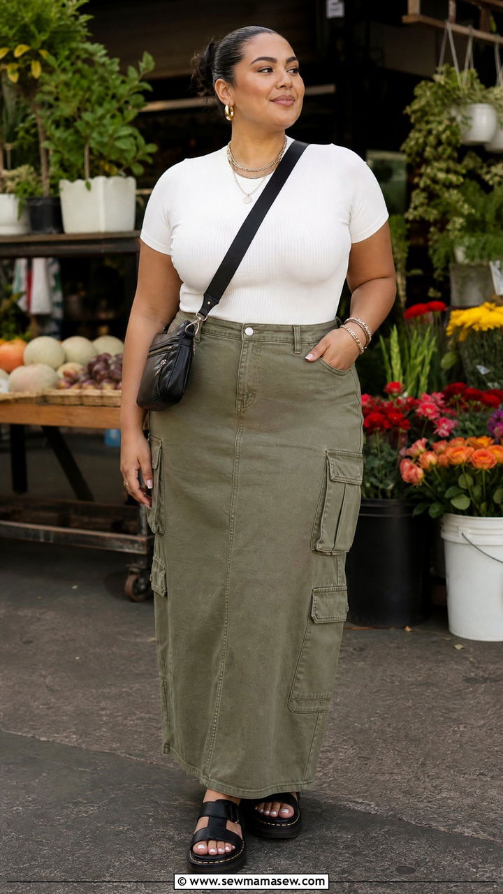 Cargo Maxi Skirt With Fitted Tee Outfit - 30 Cute outfits for curvy women