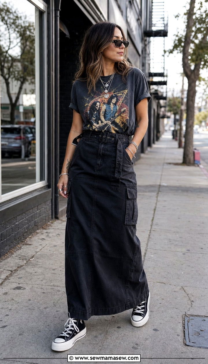 Cargo Maxi Skirt with Graphic Tee and High Top Sneakers - 25 spring cargo skirt outfit ideas