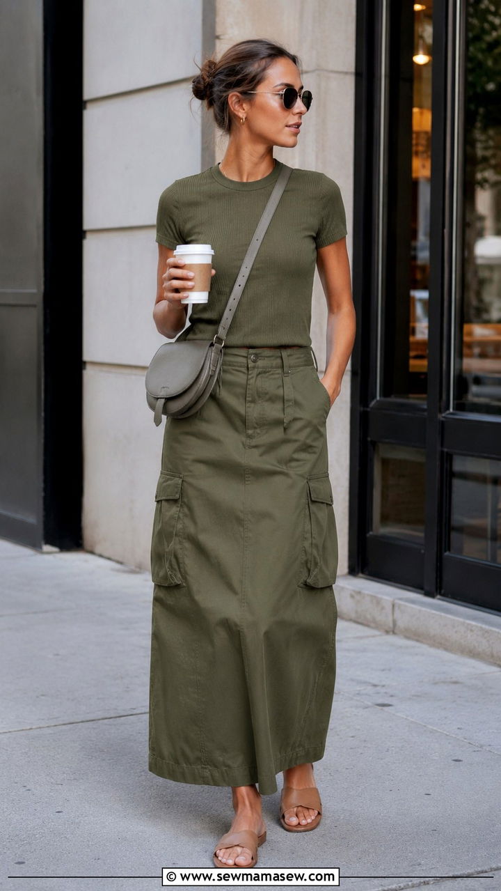 Cargo Maxi Skirt with Ribbed Crew Neck - 20 maxi skirt outfits 2026