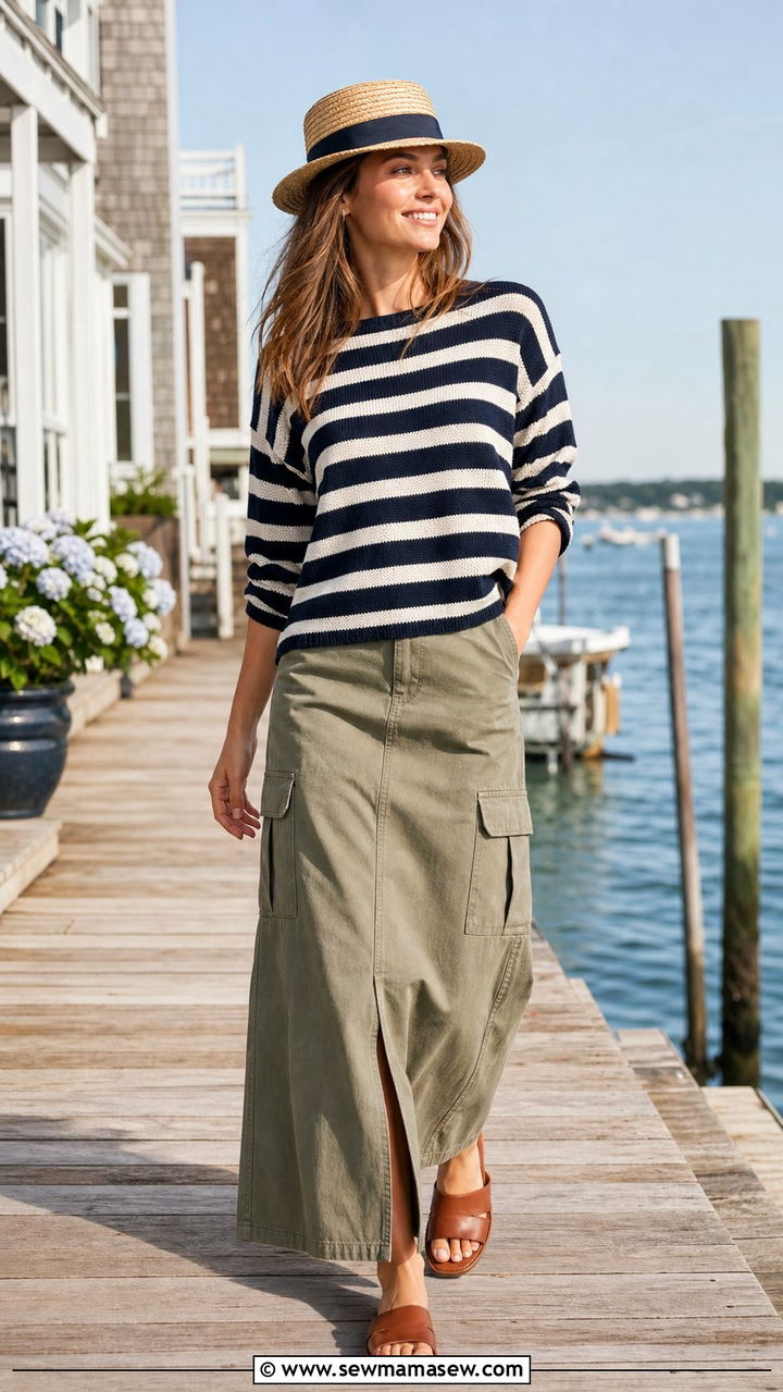 Cargo Maxi Skirt with Striped Sweater and Slide Sandals - 25 spring cargo skirt outfit ideas