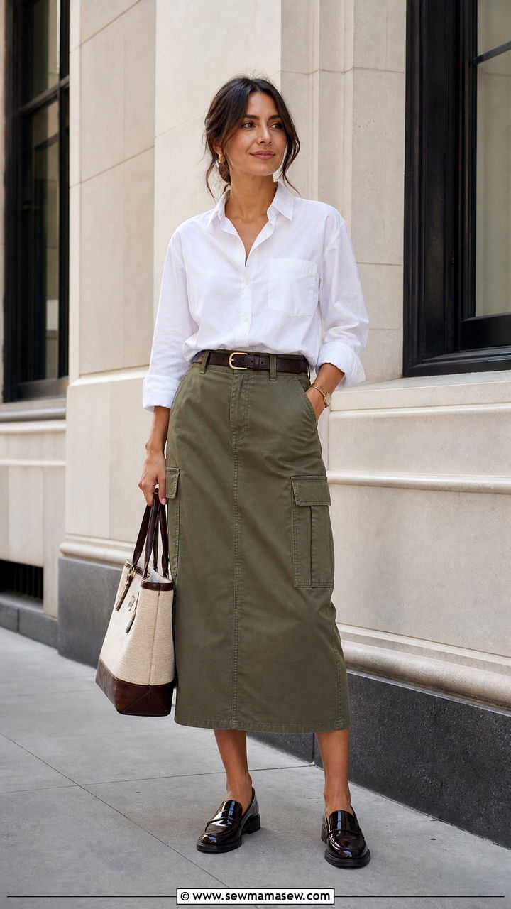 Cargo Midi Skirt with Oxford Shirt - 25 Business casual outfits with skirt