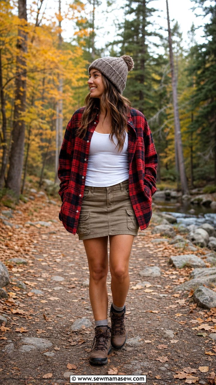 Cargo Mini Skirt With Plaid Flannel Shirt And Hiking Boots - 35 cargo skirt outfit ideas