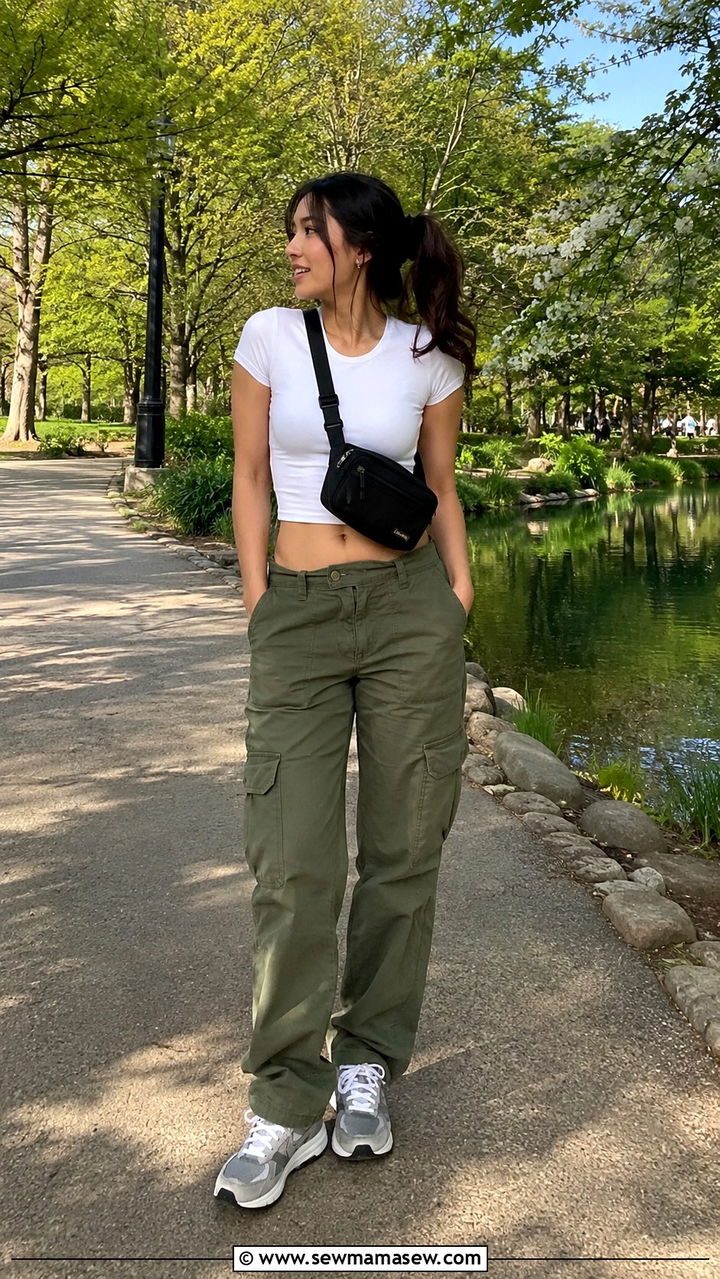 Cargo Pants And Crop Top With Crossbody Bag - 20 spring outfits with crossbody bag