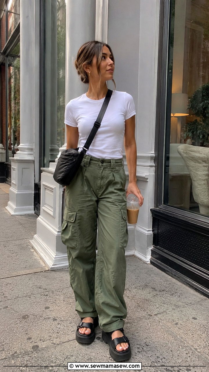 Cargo Pants And Fitted Tee With Crossbody Bag - 20 Summer outfits for 75 degree weather