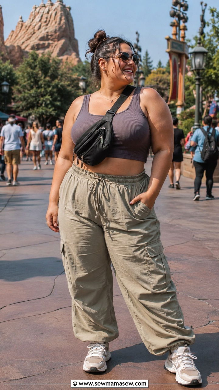 Cargo Pants Fitted Crop Tank and Chunky Sneakers - 30 Plus size theme park outfit ideas