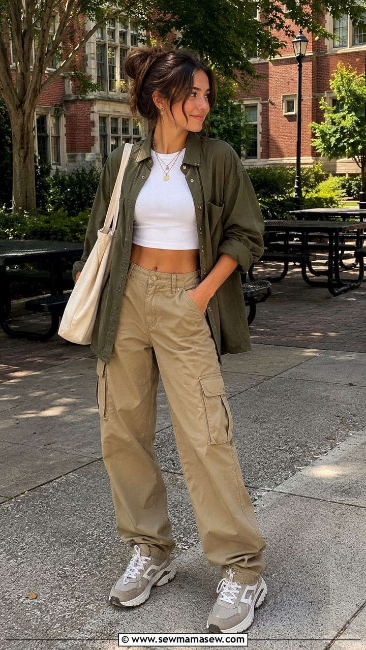 Cargo Pants With A Cropped Tank And An Open Overshirt - 30 school outfits Pinterest