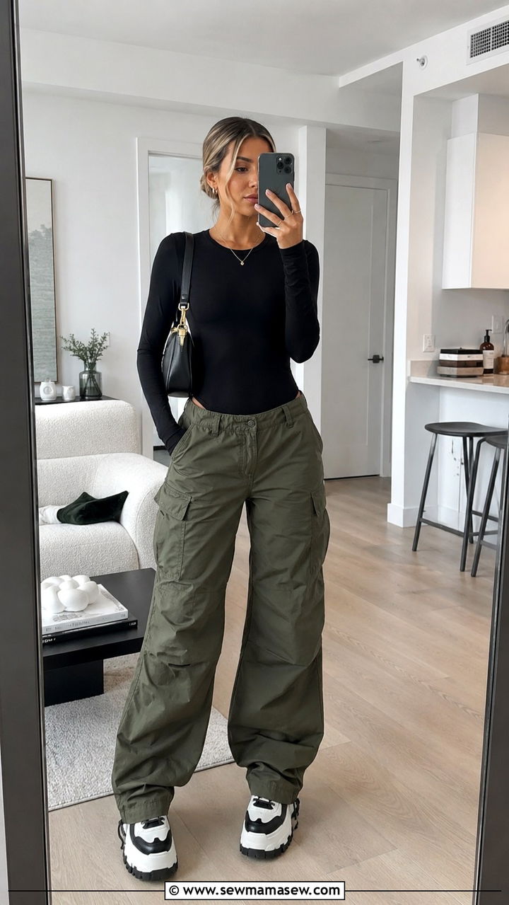 Cargo Pants With A Fitted Bodysuit And A Structured Shoulder Bag - 30 transitional outfits Pinterest