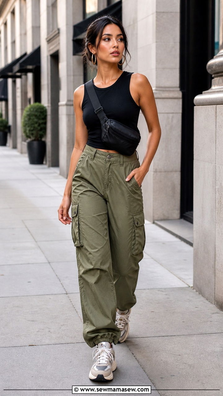 Cargo Pants With A Fitted Tank Top And Chunky Sneakers - 40 vacation outfits