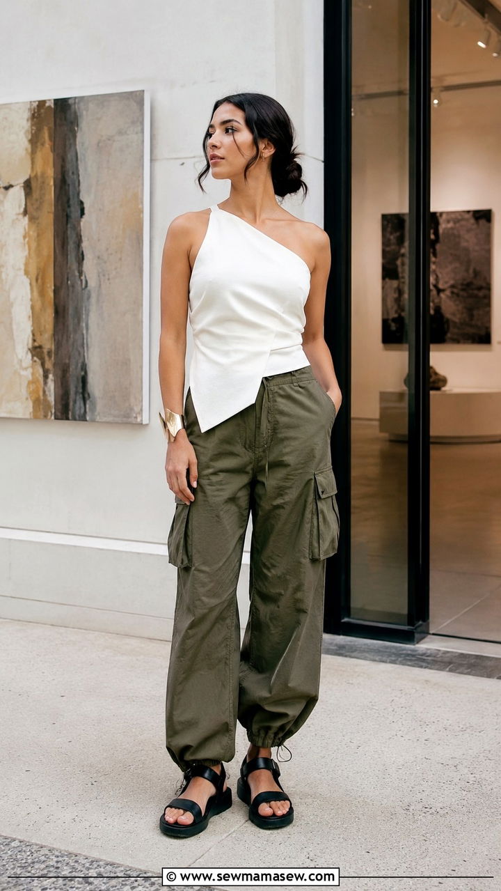 Cargo Pants With Asymmetric Hem Top And Elastic Strap Sandals - 30 Cargo pants outfit ideas for summer