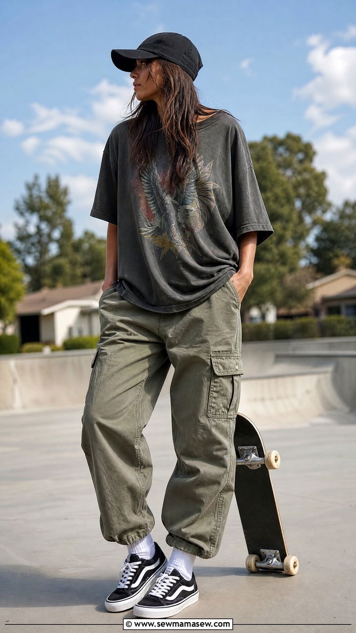 Cargo Pants With Baseball Cap and Oversized Tee - 30 cute cargo pants outfits