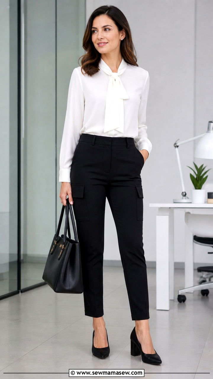 Cargo Pants With Blouse and Block Heel Pumps - 40 cargo pants outfit ideas