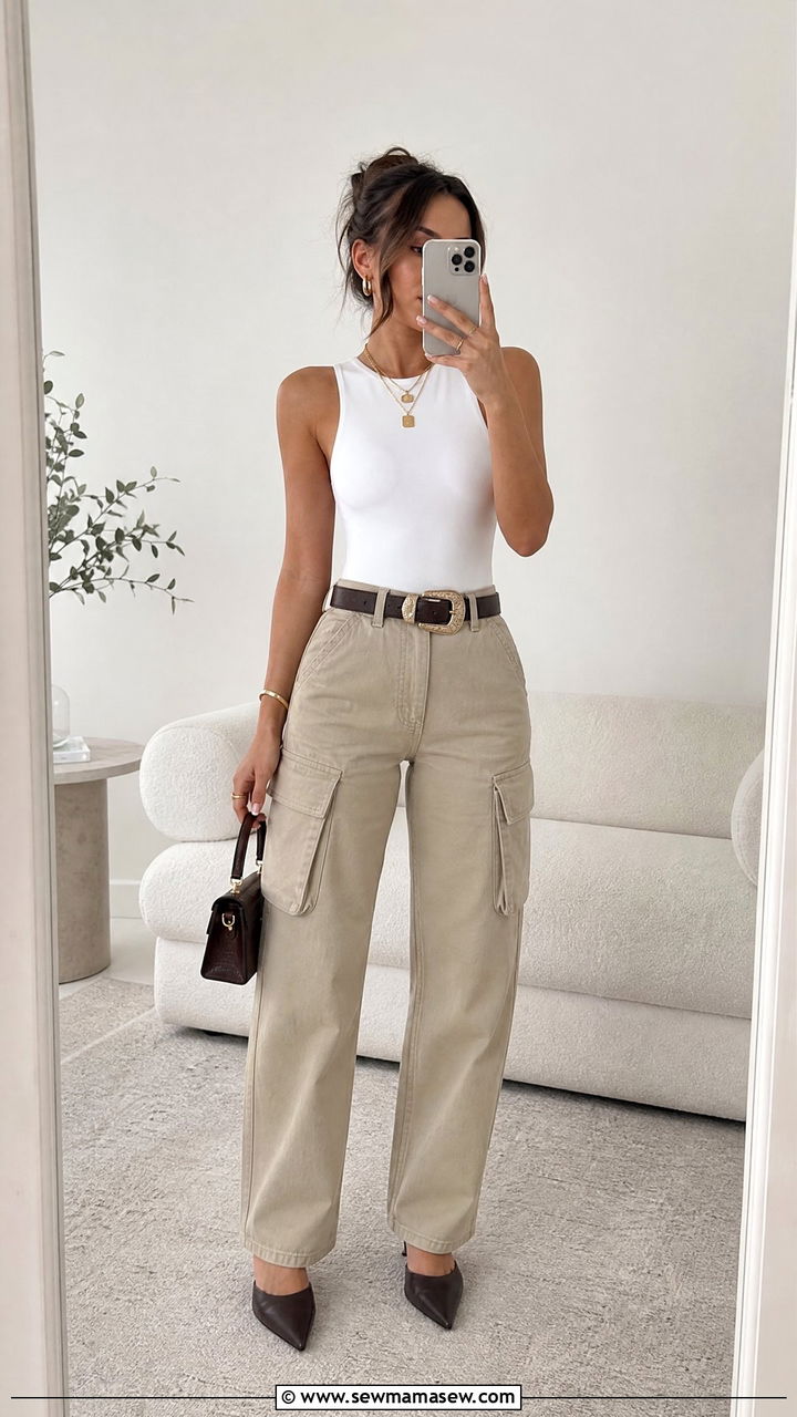 Cargo Pants With Bodysuit and Statement Belt - 25 cargo pants outfits aesthetic
