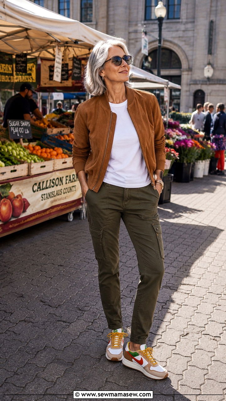 Cargo Pants With Bomber Jacket And Colored Sneakers Over 50 - 30 Outfit ideas for women over 50 sporty chic