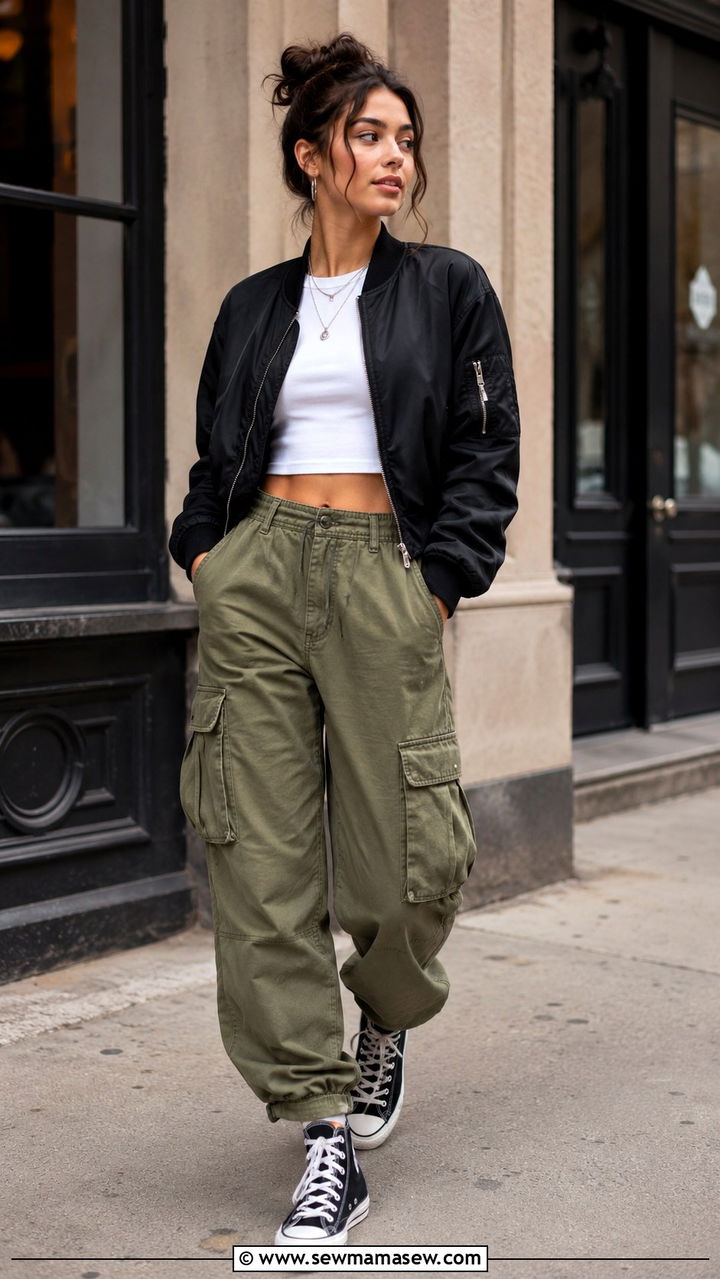 Cargo Pants With Bomber Jacket And High Top Sneakers - 30 how to style cargo pants outfits