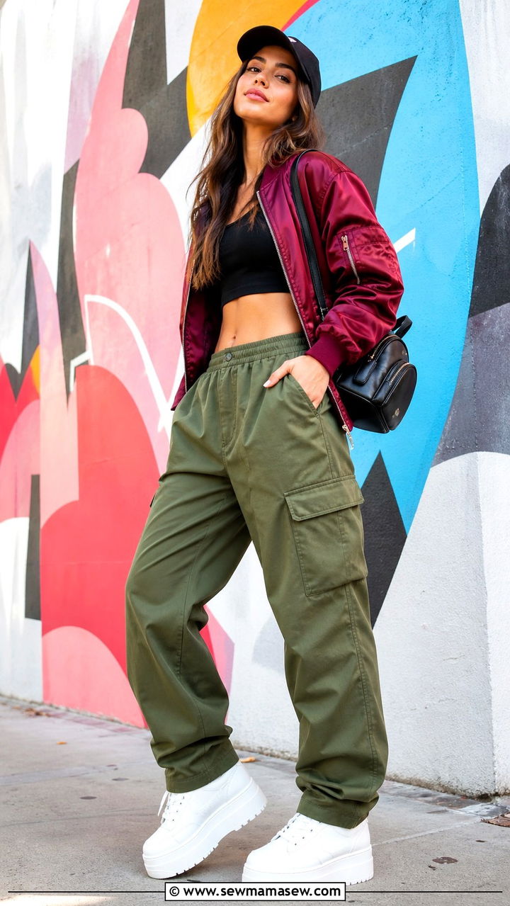 Cargo Pants With Bomber Jacket And Platform Sneakers - 40 casual cargo pants outfits