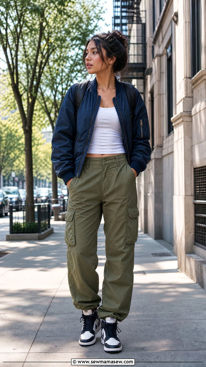 Cargo Pants With Bomber Jacket and High Top Sneakers - 30 cute cargo pants outfits