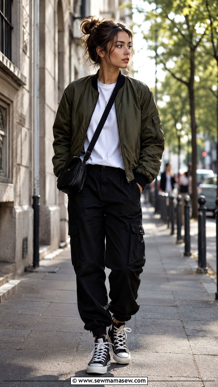 Cargo Pants With Bomber Jacket and High Top Sneakers - 30 How to style cargo pants in spring