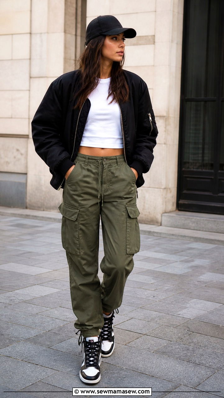 Cargo Pants With Bomber Jacket and High Top Sneakers - 40 cargo pants outfit ideas