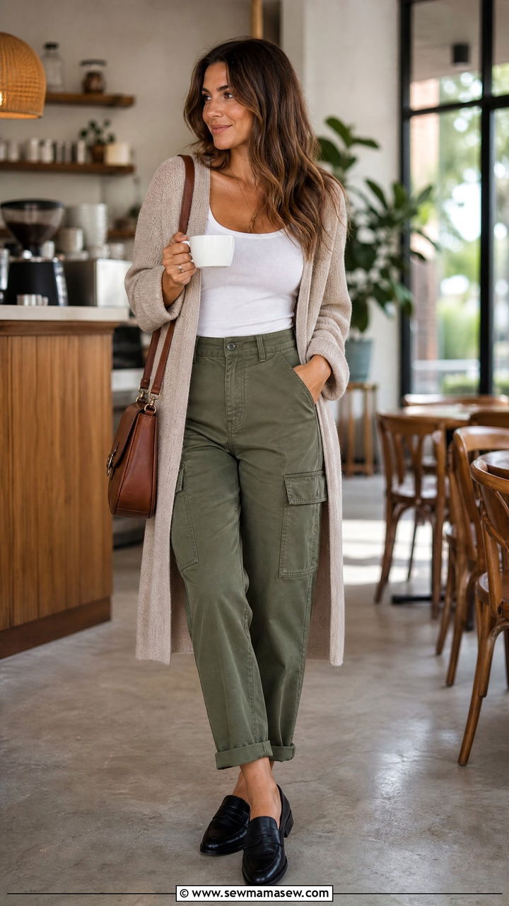 Cargo Pants With Cardigan And Loafers Outfit - 25 cargo pants outfits for women over 40