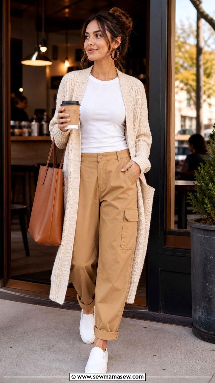 Cargo Pants With Cardigan And Slip On Sneakers - 40 casual cargo pants outfits