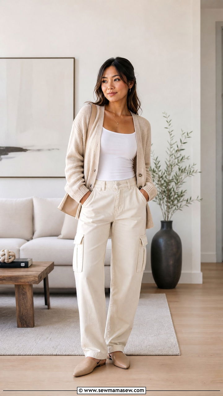 Cargo Pants With Cardigan Sweater And Mules - 25 Cargo pants outfit ideas petite