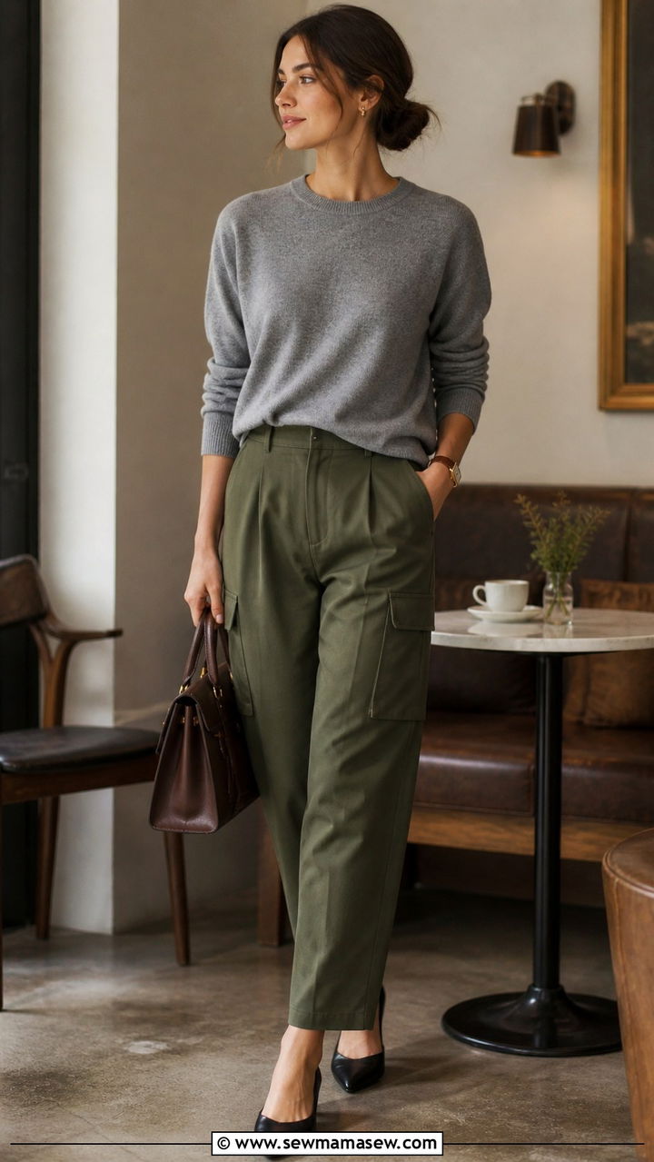 Cargo Pants With Cashmere Sweater And Pointed Toe Flats - 40 casual cargo pants outfits