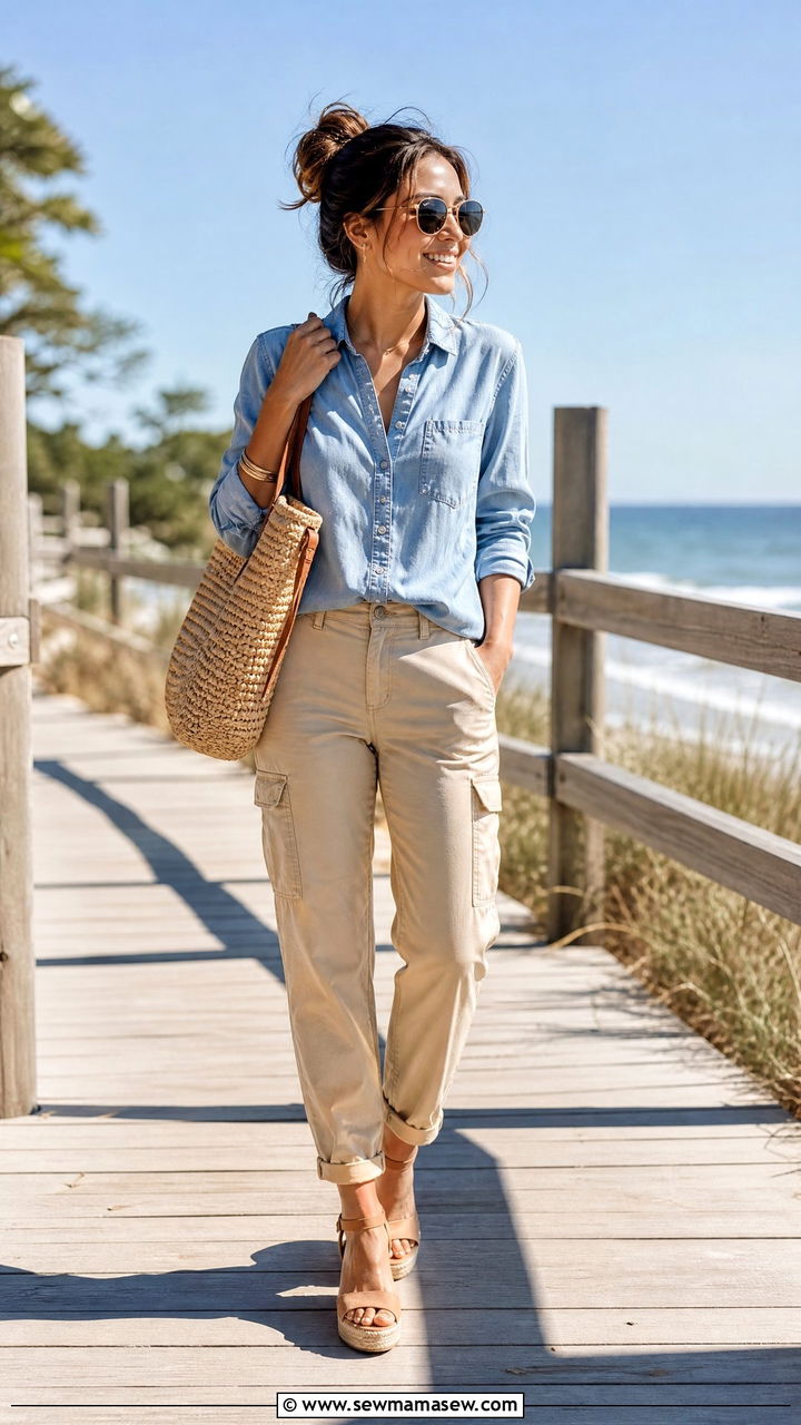 Cargo Pants With Chambray Shirt And Espadrille Wedges - 25 Cargo pants outfit ideas petite