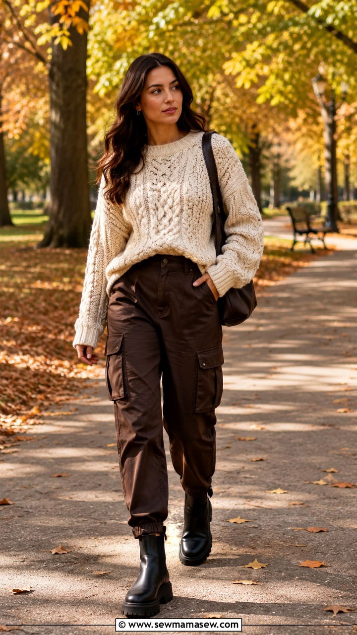Cargo Pants With Chunky Knit Sweater And Lug Sole Boots - 30 how to style cargo pants outfits